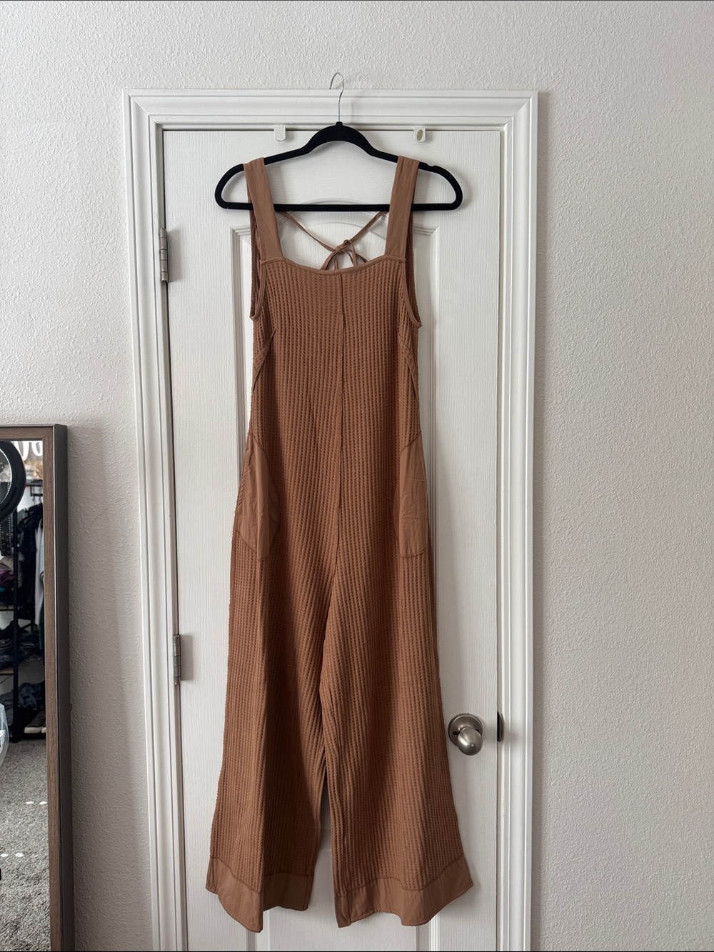 Zenana Outfitters Camel Waffle Knit Wide-Leg Overalls